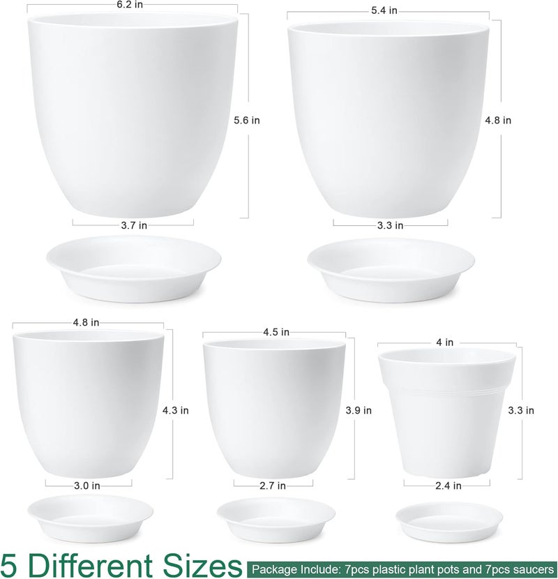 FHWTY Store 7 Pack Mix Size Plastic Plant Pots, 6.2/5.4/4.8/4.5/4 inch Indoor Planters with Drainage Holes and Tray, Thickened Plastic Flowers Pots for Plants, Succulents, Snake Plant and Cactus, White - Image 2